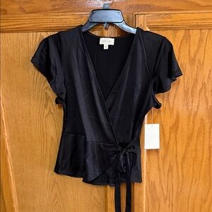 meraki Black Wrap Tie-Front Flutter Sleeve Top